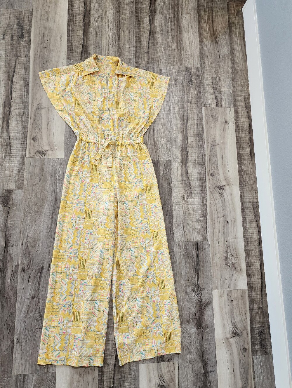 Yellow Printed Wide-Leg Jumpsuit with Tie Waist Vintage 1970's